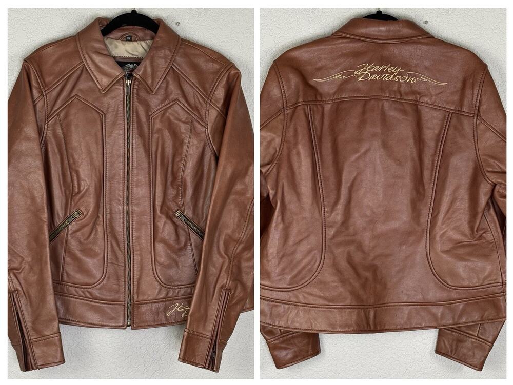 Harley Davidson Womens Size 1W Brown Leather Embroidered Motorcycle Jacket